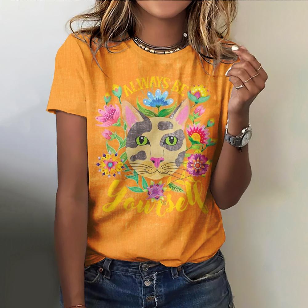 Schönes Katzenmotiv Damen O-Ausschnitt Locker Kurzarm T-Shirts Kawaii Stil Pullover