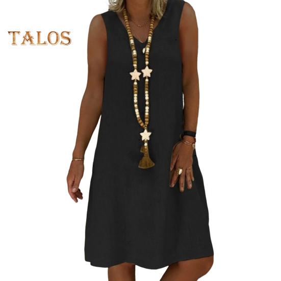 Lady Summer Dress Sleeveless V Neck A-line Solid Color Knee Length Midi Dress Pullover Vest Type Vacation Beach Dress