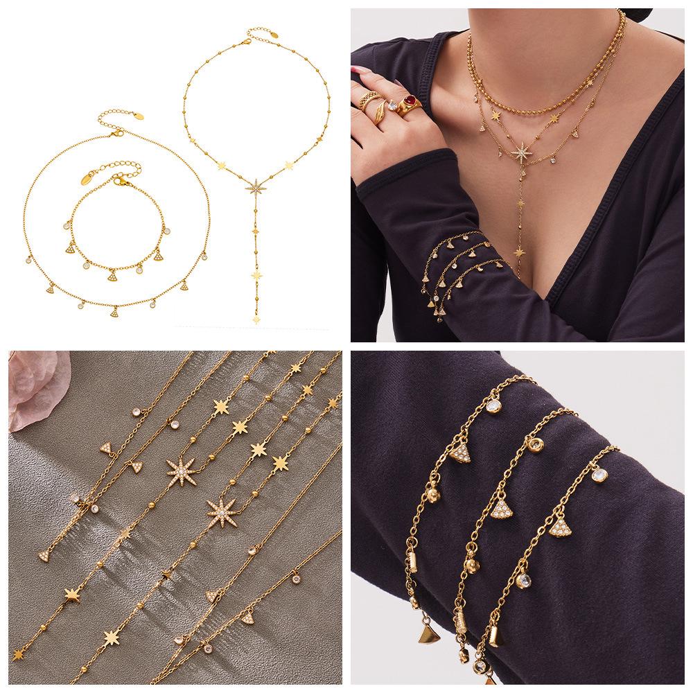 New Zirconia Hexagram Y-Layer Necklace & Bracelet Set - Stainless Steel Luxury European & American Fashion Jewelry