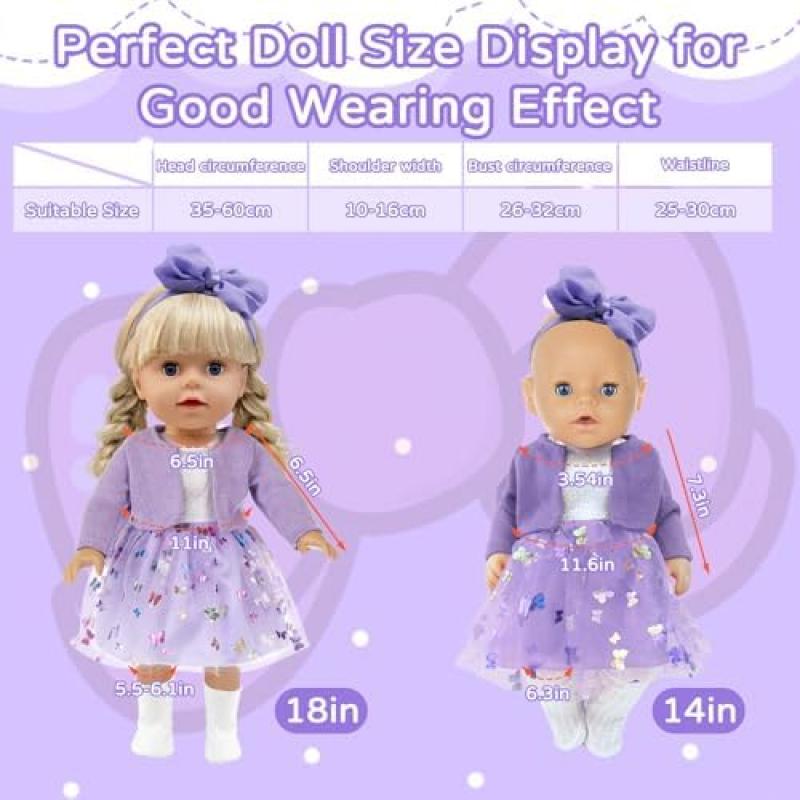 Xerteam 4-Piece Purple Doll Clothes Set for 36-43cm Girl Dolls, Includes Coat Dress Socks Butterfly Headband, 16-18 Inch Doll Accessories Gift