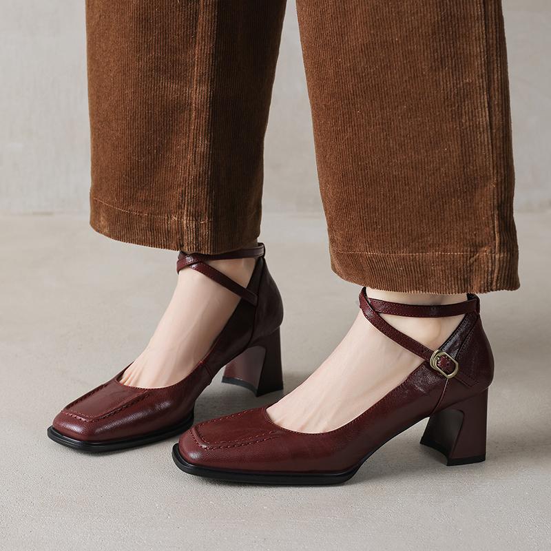 Fashion 2025 New Spring Genuine Leather Shoes LEISURE Style Square Toe High Heels Pumps Buckle Strap Women Shoes Fashion Ladies Shoes