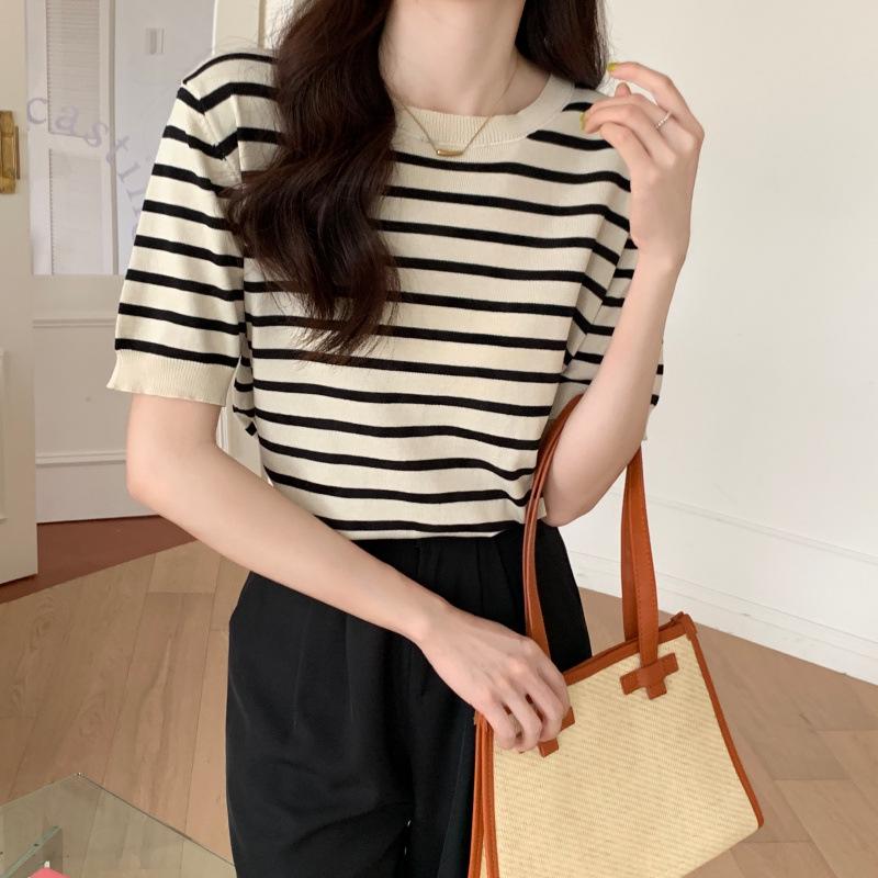 Women's Short Sleeve Striped Knit Top - Summer 2026 Korean Style T-shirt, Thin Base Layer Color Block.