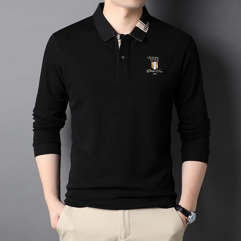 Spring New Men's Long-sleeved T-shirt Solid Color Fashionable Casual Lapel Middle-aged T-shirt Loose Polo Shirt