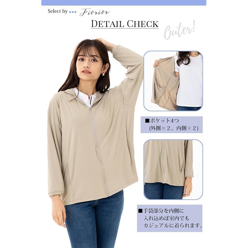 [Fiorior] [Sunburn protection up to your fingertips] UV cut hoodie ladies rash guard spring summer Cool touch sensation hooded outer With brim long