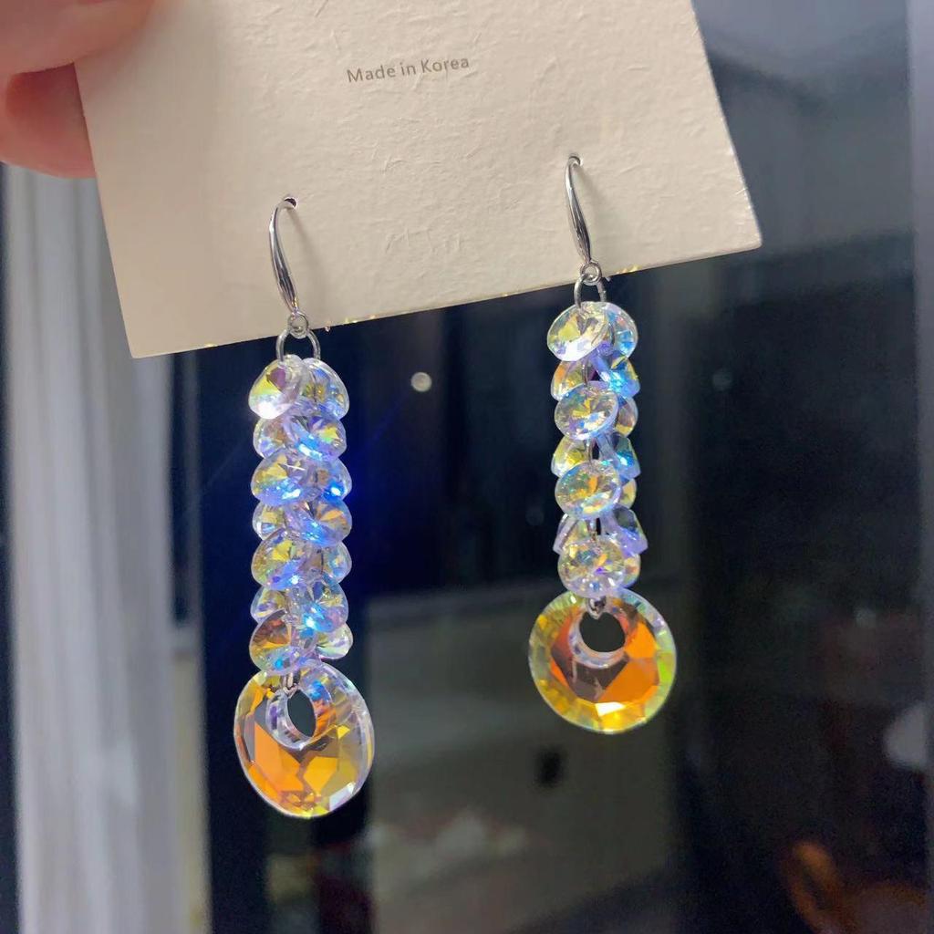 Korean Style High-End Crystal Dangle Earrings with Silver Hooks - Super Sparkly & Trendy