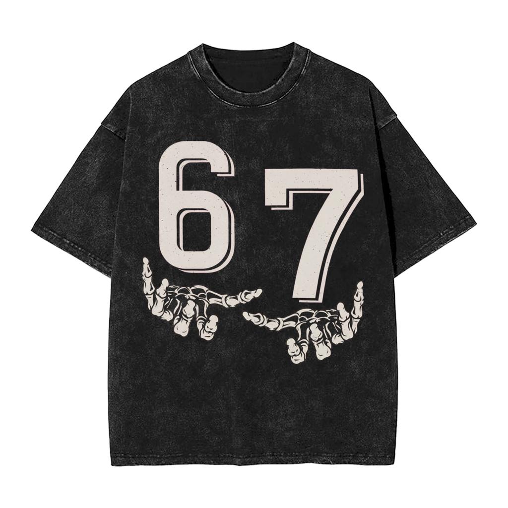 Vintage Washed Tshirt Funny 67 Meme Gen Alpha Slang Skeletal Hands Cotton Tshirts Hip Hop Tee Shirt For Man Beach Casual Tops