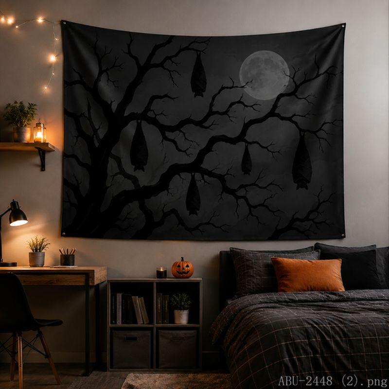 Orange Black Gradient Inverted Bat Dead Branch Spider Web Tapestry Tea Room Quiet Atmosphere Living Room Decoration