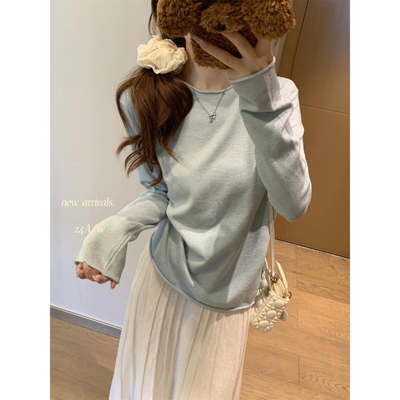 Simple round neck basic knitted bottoming shirt women's autumn and winter casual loose inner top curled sweater