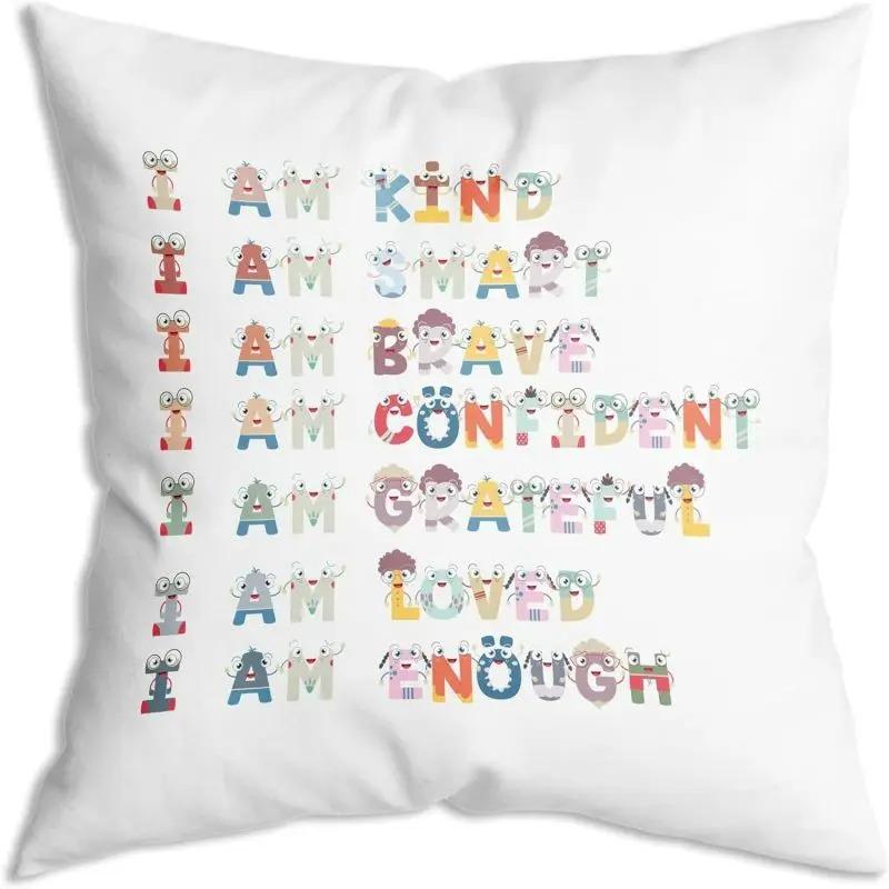 Cartoon Letter Print Cushion Cover Inspirational Quotes Throw Pillows Home Office Decoration Living Room Bedroom Sofa Pillowcase