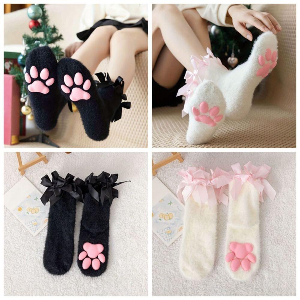 Paw Pads Cat Paw Plush Socks Kitten Claw Bowknot Warm Socks Harajuku 3D Cat Paw Socks  Indoor