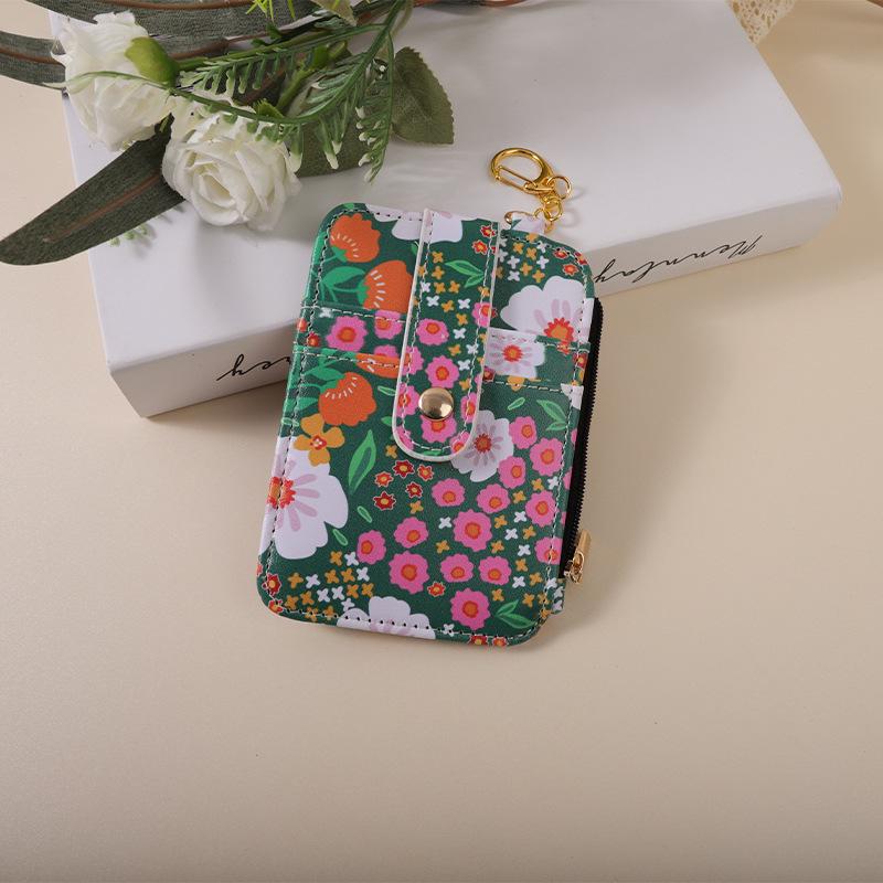 Floral Card Holder with Zipper - Foldable Vertical ID Sleeve зелёный