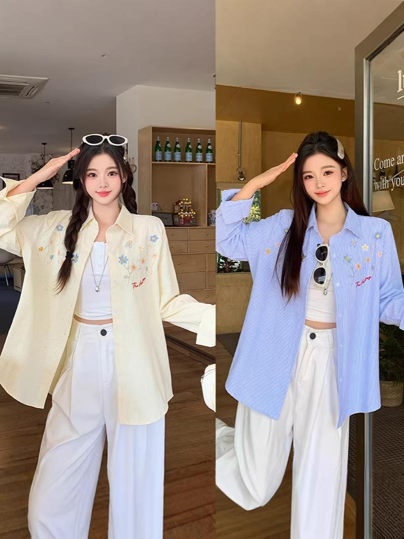 2026 Plus Size Women s Floral Embroidery Striped Slimming Shirt - New Spring Arrival XXXXL