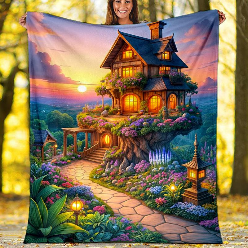 Fairy Cliff House Fleece Blanket, Fantasy Cottage Throw
