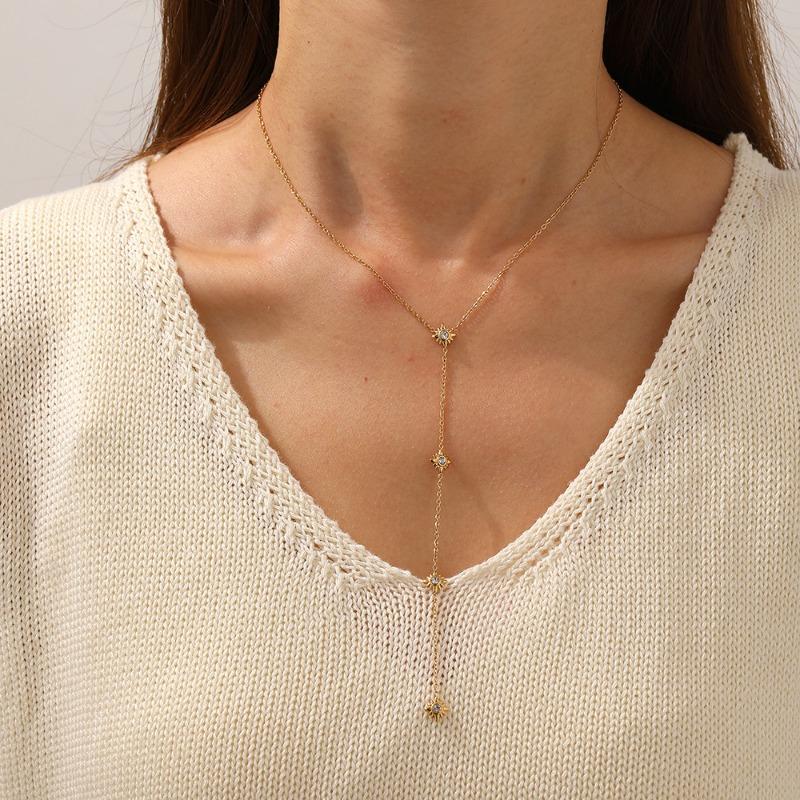 18K Gold Plated Sunflower CZ Y-Necklace, Dainty Layered Lariat Pendant Necklace for Women, Minimalist Jewelry