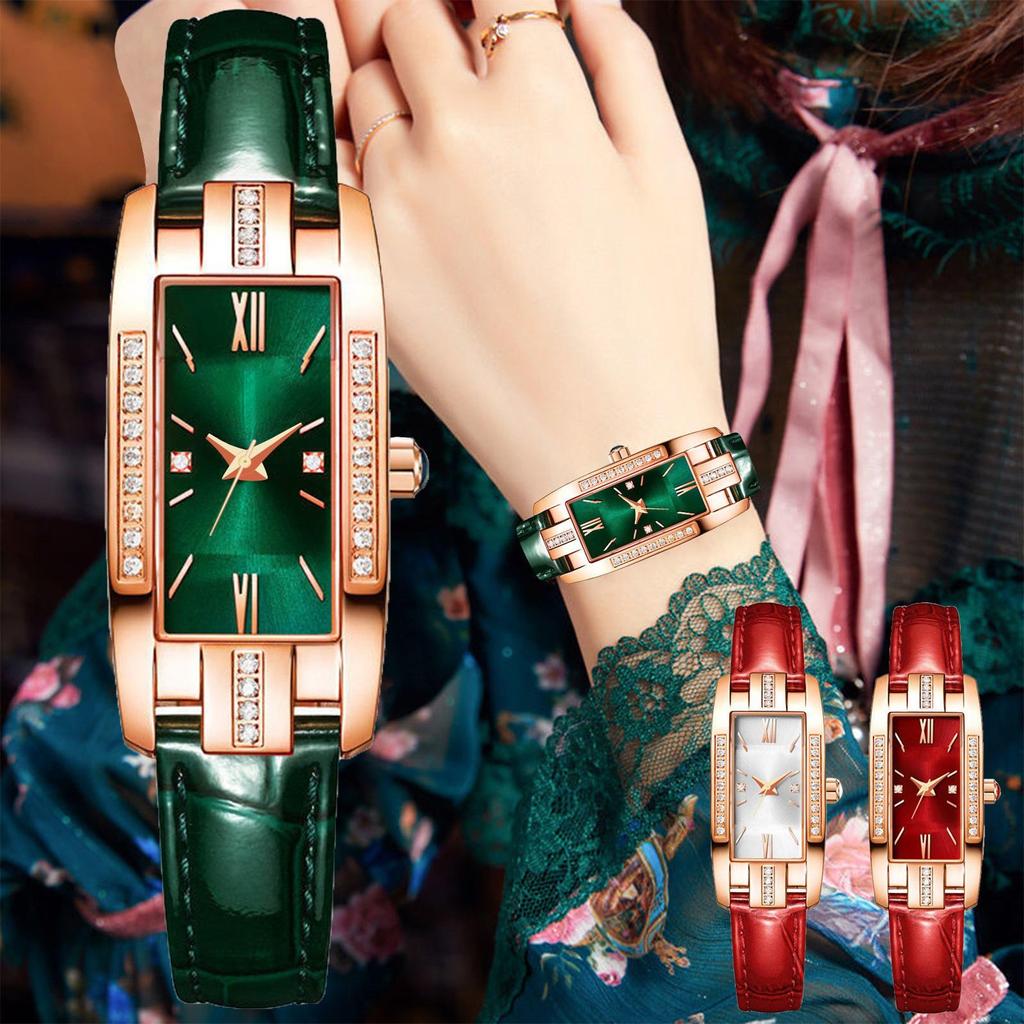Elegant Watches Fashion Rectangular Ladies Quartz Watch Green Dial Simple Leather Luxury Women Gifts Watches