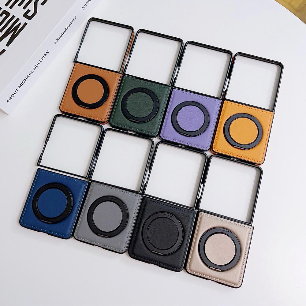 KEYSION 360° Rotating Magnetic Ring Stand PU Leather Case for MagSafe for Samsung Z Flip 7 5G 7 SE Wireless Charging Phone Cover