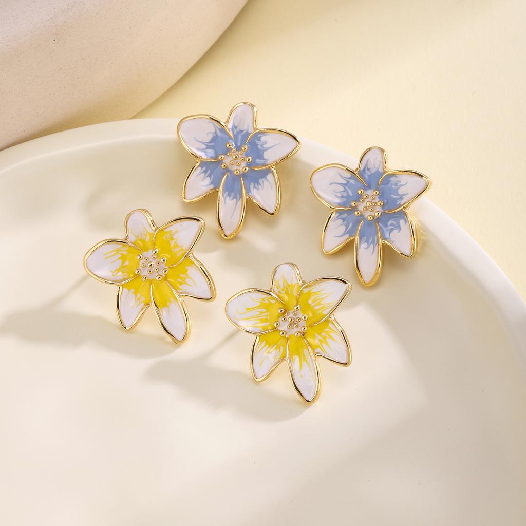 Nidin Summer Fresh Flower Enamel Stud Earrings 6 Colors Choice French Retro Style Cute Floral Ear Jewelry For Women Girls Gifts