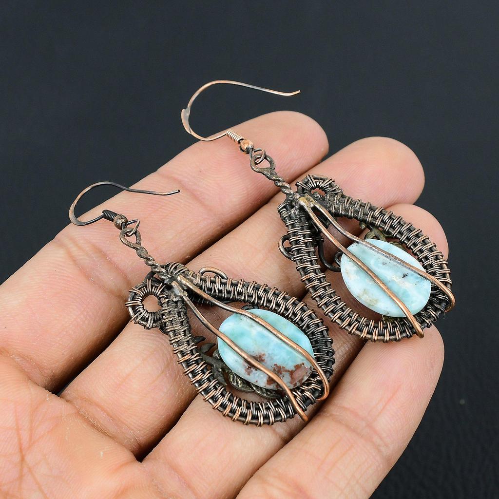 Larimar Gemstone Handmade Pure Copper Wire Wrap Amazing Jewelry Earrings