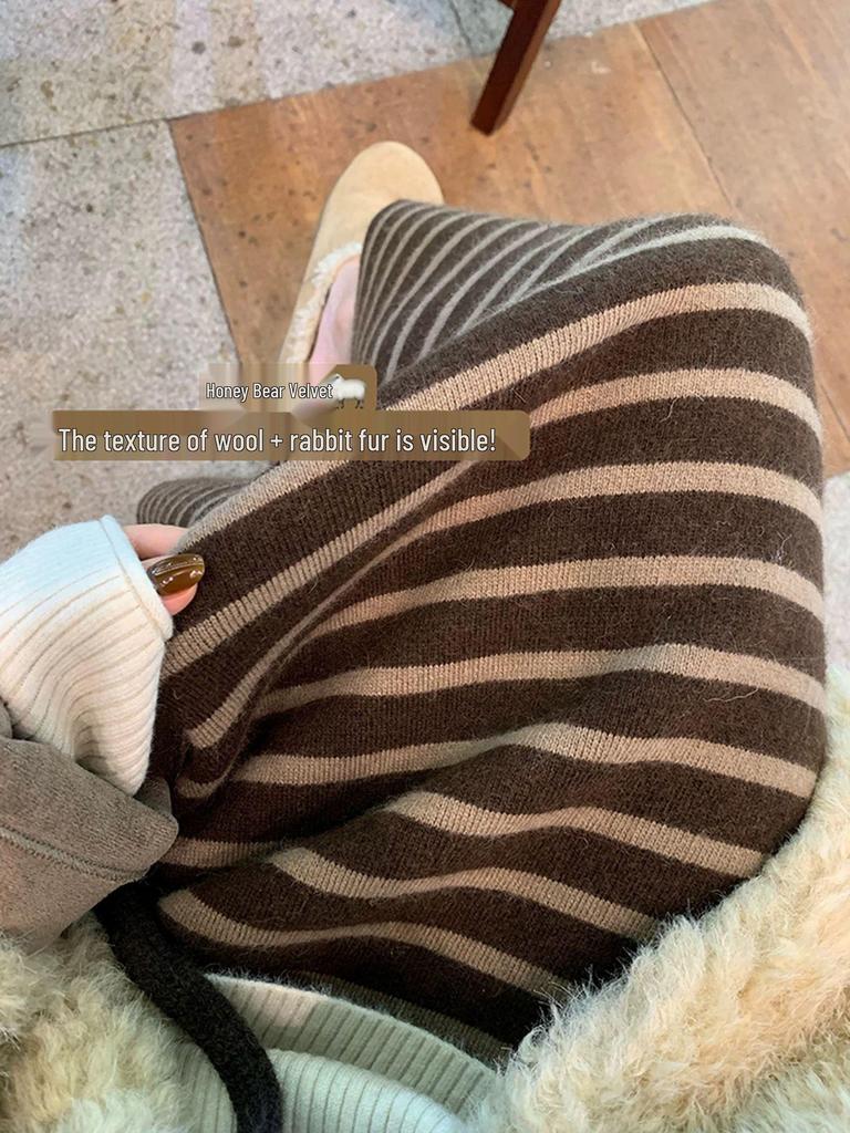 Women's High Waist Color Block Striped Midi Skirt - Winter Korean Style