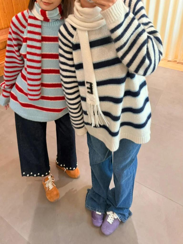 Clearance: Women's Early Spring Loose Striped Raglan Pullover Sweater (25.3% Wool, No Returns/Exchanges)