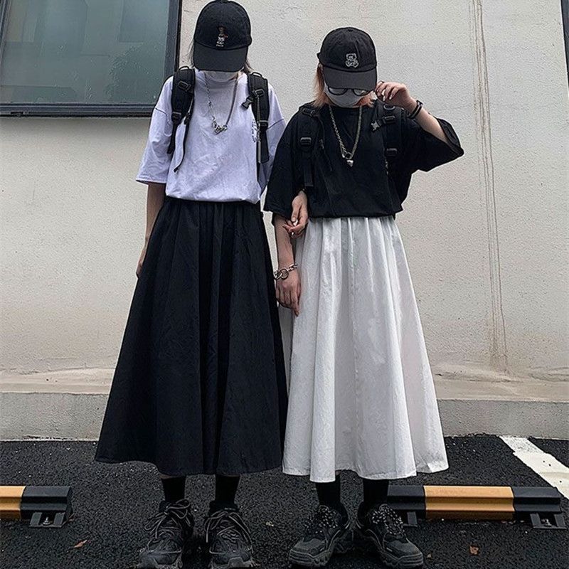 Übergröße Damen Weißer Utility Midi Rock - Vintage Künstlerischer Studentenstil High-Waist A-Linie Schirmrock für Freizeitkleidung