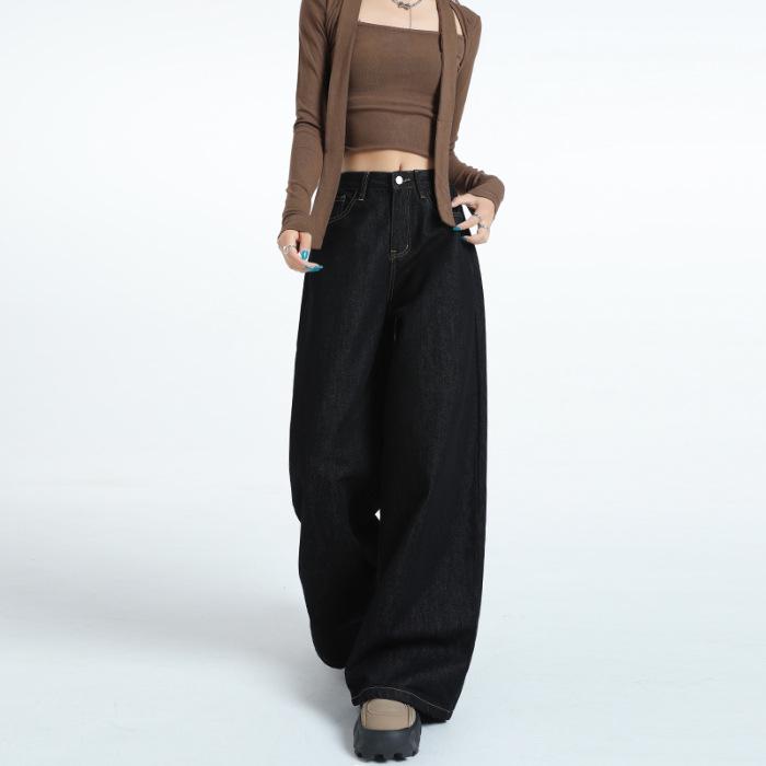 Women s 2024 Autumn Loose Black Denim Wide-Leg Jeans - Non-Fading, Lazy Street Style Extra Small