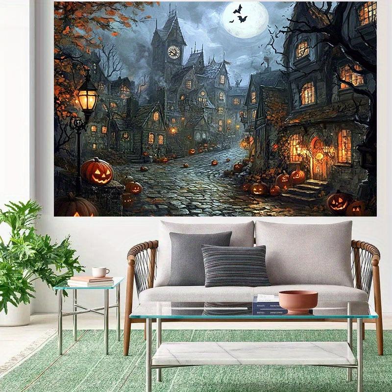 1 Piece of 2D Background Fabric Hand-painted Halloween Horror Style Dark Town and Pumpkin Lantern Design No Power Required