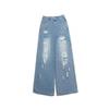 Womens Distressed Ripped Jeans Straight Leg Loose Fit High Street Style Denim Pants