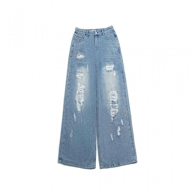 Womens Distressed Ripped Jeans Straight Leg Loose Fit High Street Style Denim Pants