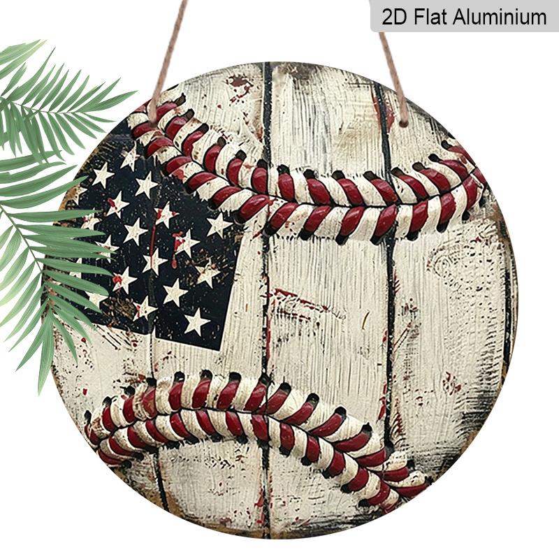 2D Flat, 1pc Round Vintage Baseball USA Flag Aluminum Hanging Sign, Rustic Patriotic Sports Metal Wall Decor, Suitable for Both Indoor And Outdoor