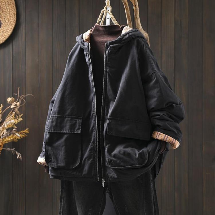 

Johnature Vintage Women Hooded Solid Color Zipper Coat Winter Patchwork Pockets Long Sleeve Loose Warm Coat One Size чёрный
