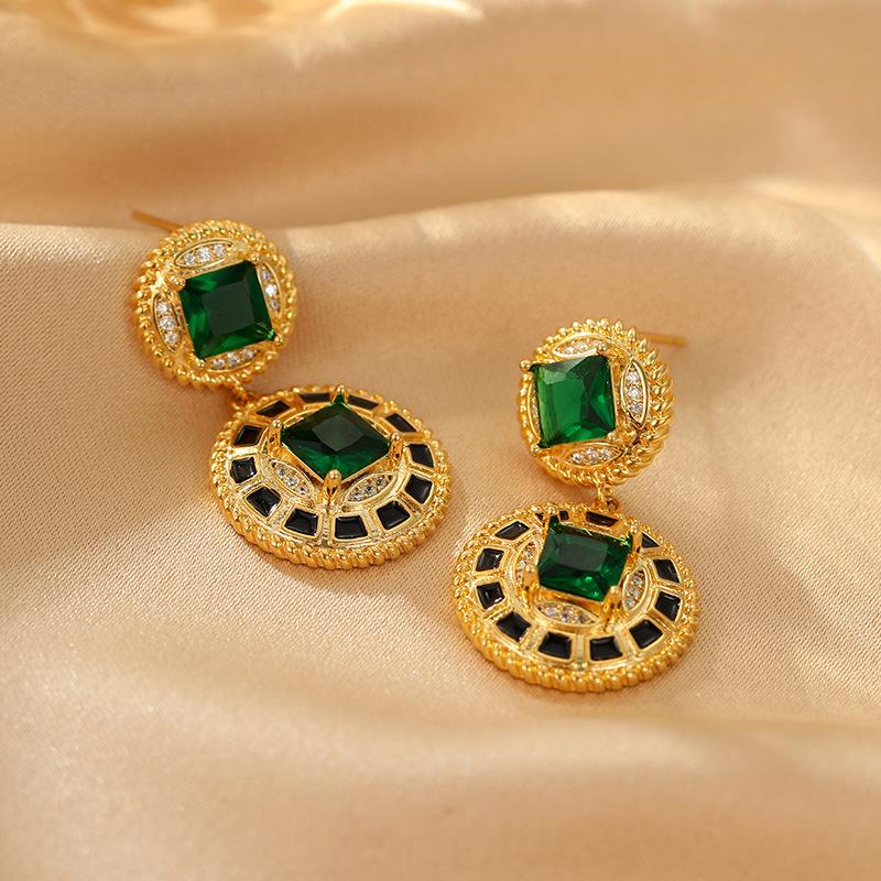 

Средневековый стиль, ретро, круглые серьги, инкрустированные цирконом, зеленые, геометрические, модные, серебряные, игольчатые, серьги