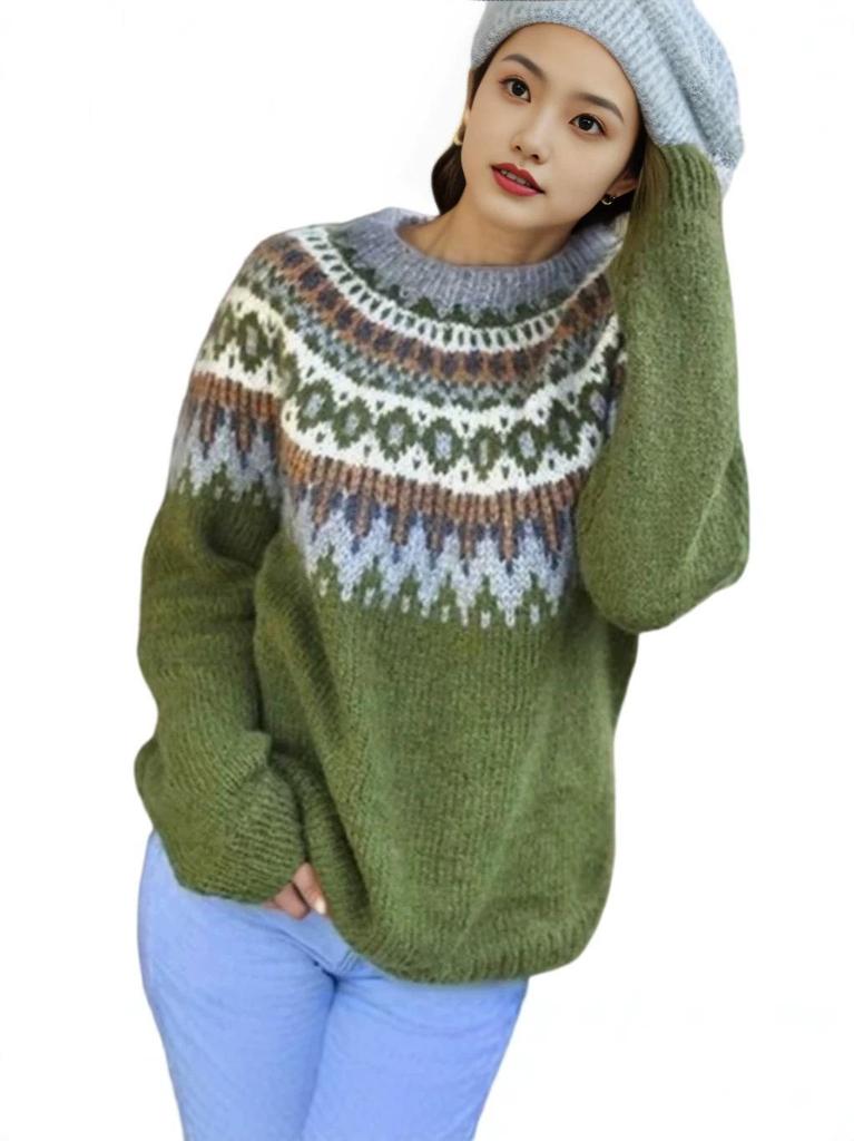 Women's 2026 Retro Color Block Knitwear: Long Sleeve, Comfortable, Versatile Round Neck Sweater