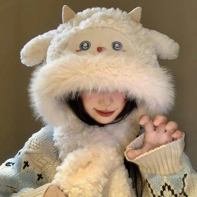 

Cute little sheep plush hat women s winter new cold-proof and warm hat scarf integrated thickened ear protector