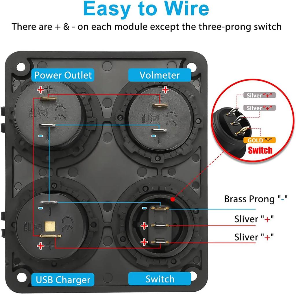 Car Charger 12V USB Panel Socket 4 in 1 Dual USB Charger with Rocker Switch Car Cigarette Lighter Digital Voltmeter for Car RV