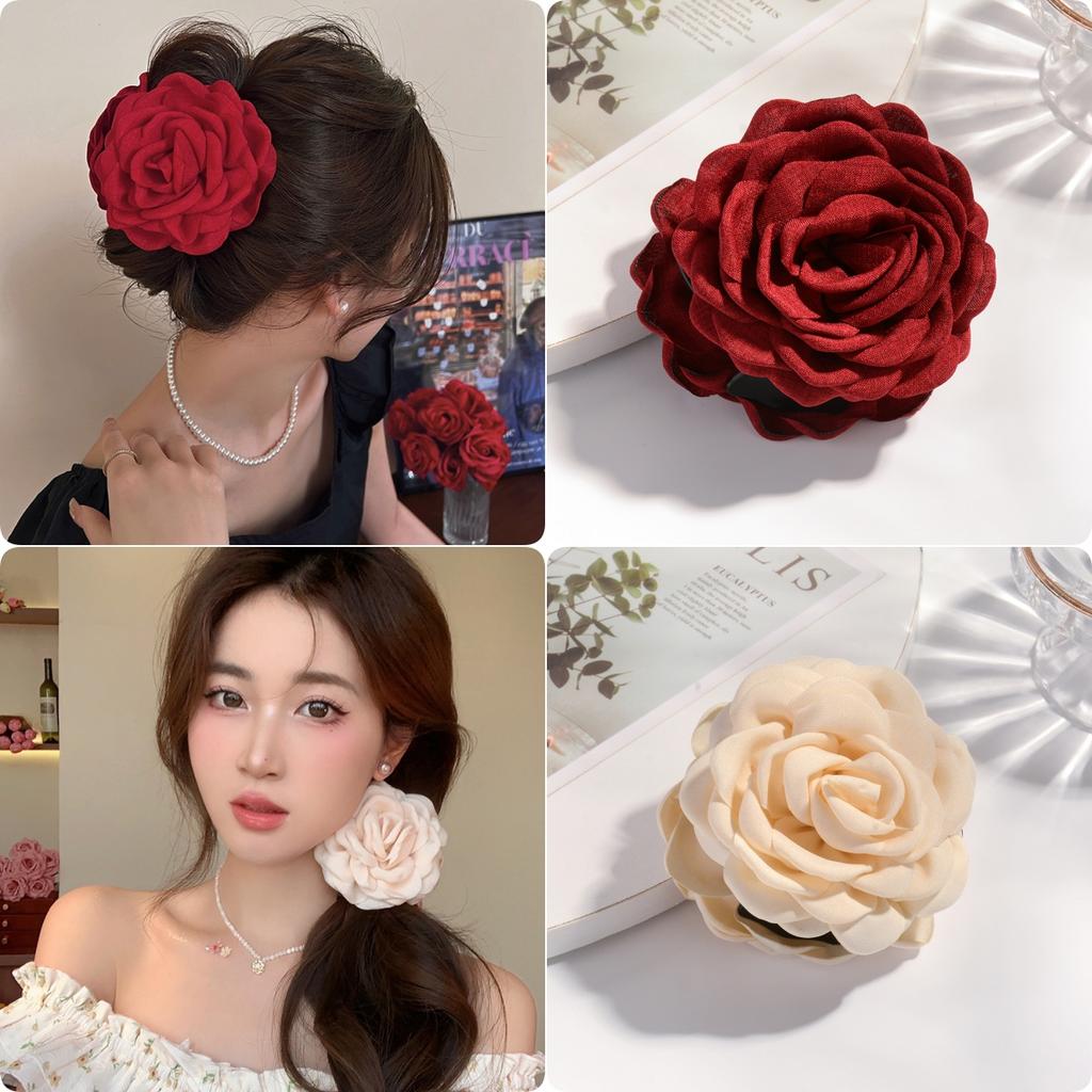 2/3 PCS New Solid Color Fabric Rose Flower Hair Claw for Women Girls Barrette Elegant Shark Clips Set Headwear Accessories Gifts