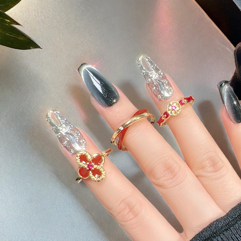 Ankara Red Oil-Dripping Serpentine Four-Leaf Clover Open Ring Sweet Ring Women'S Fashion High-End Accessories