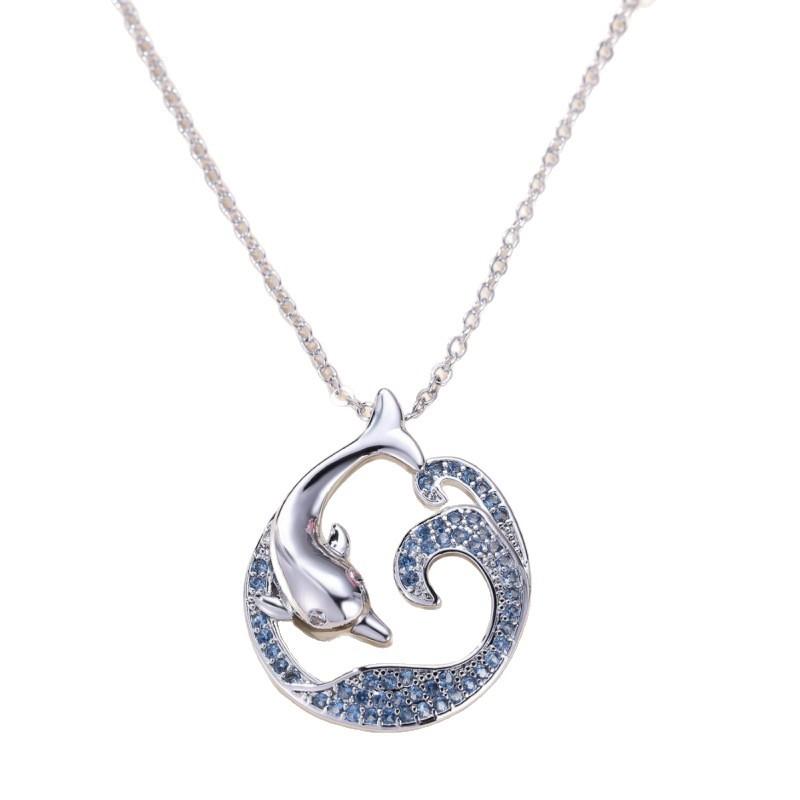 Popular Women's Simple Versatile Palladium White K Sea Blue Diamond Dolphin Wave Necklace