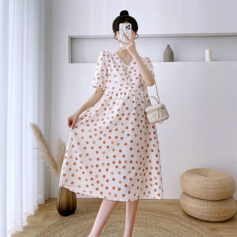Maternity Dress Buckle Nursing Dress Summer Dress Fashion New Polka Dot Medium and Long Skirt
