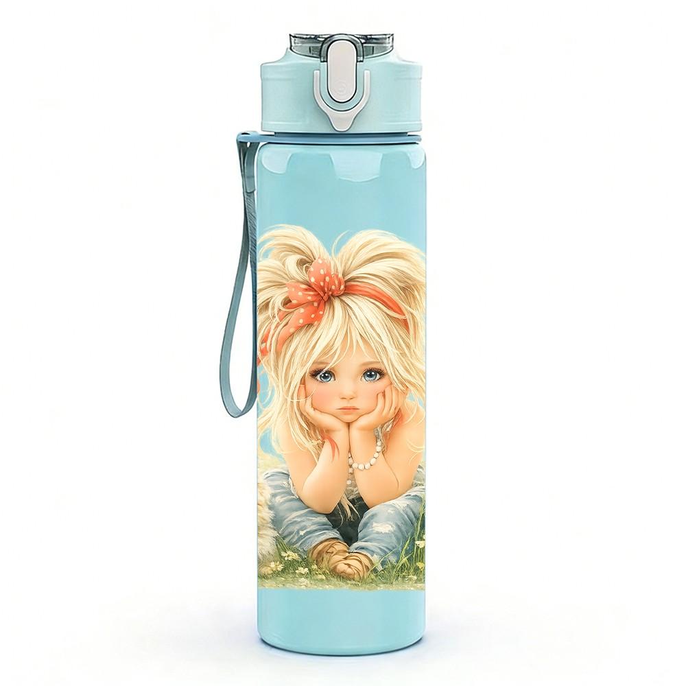 1PC Blond Girl Sitting In Grass Print 750ml Color Plastic Sports Water Bottle Leakproof Flip Straw Lid Suitable for Sports Office Home Use
