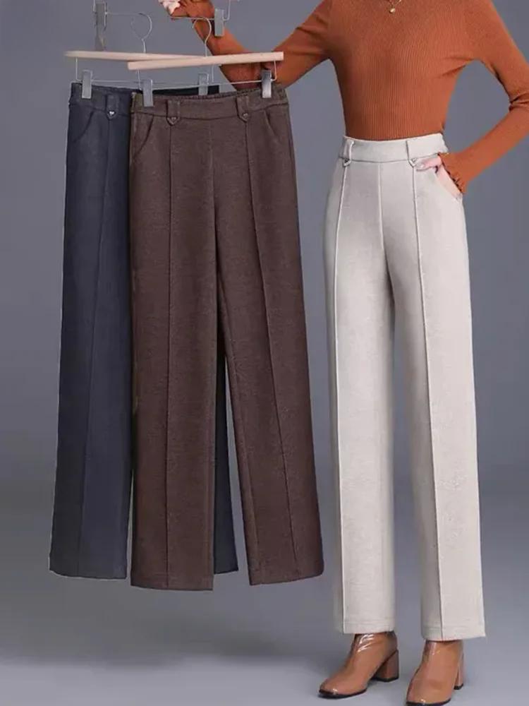 Winter Warm Woolen Wide Leg Pants Korean Fashion High Waist Thick Wool Blend Straight Pantalones Casual Classic Solid Trousers New