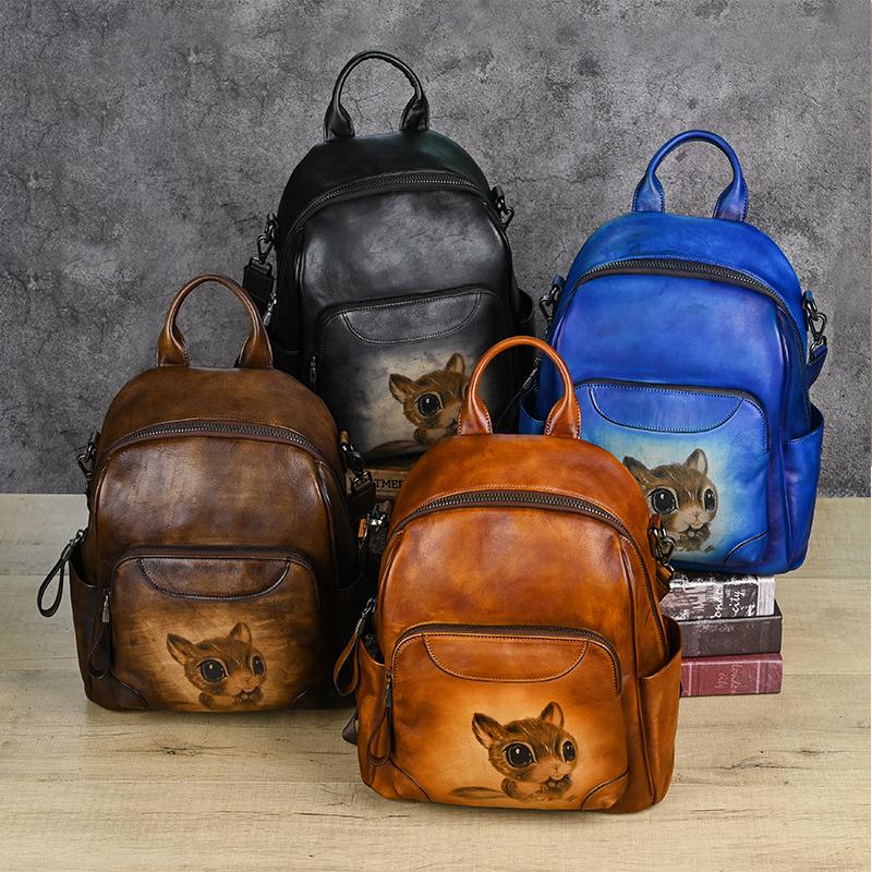 Johnature Retro Echtes Leder Tier Druck Rucksack Frauen Natürliche Echte Rindsleder Tasche Große Kapazität Reise Rucksäcke