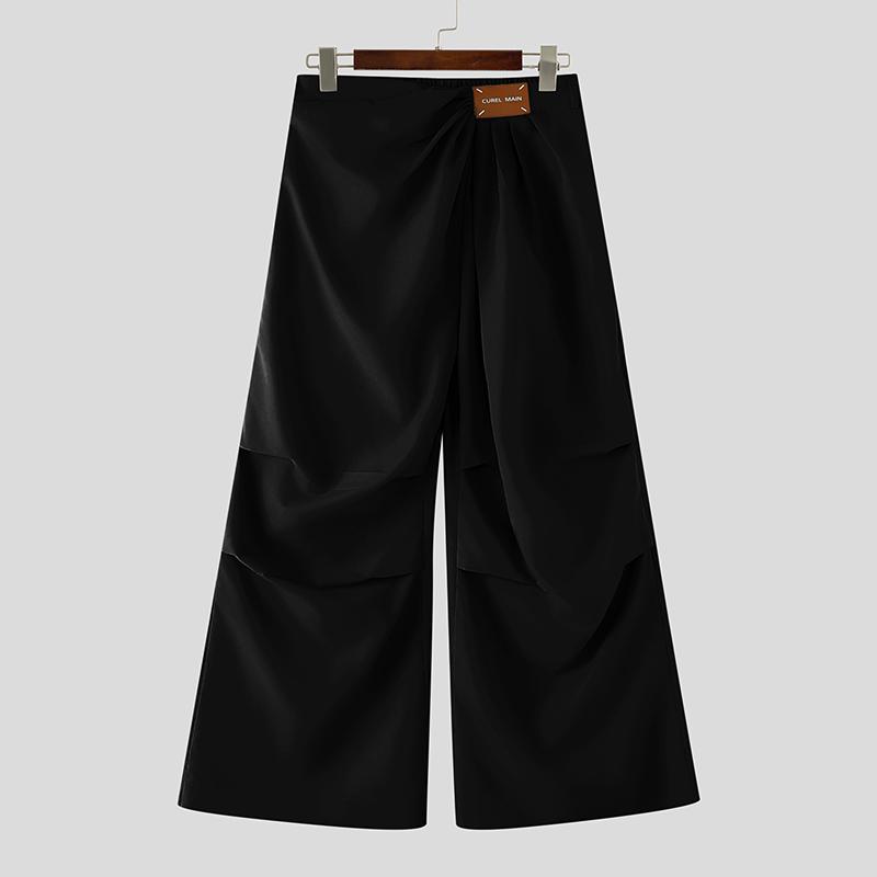 INCERUN Men High Waist Back Elastic Waist Casual Ruffled Long Pants Trousers S чёрный