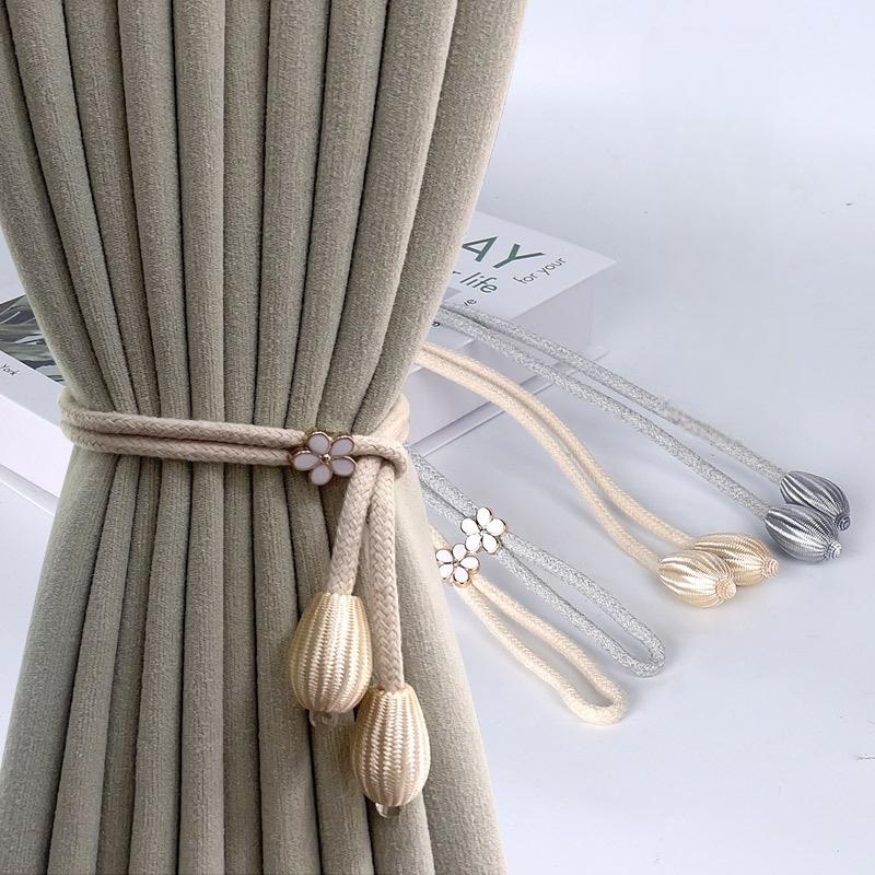 2Pcs Curtain Ties With Flower Buckles - Adjustable, No Drilling Cord Fixers For Elegant Home Decoration, Curtain Accessories