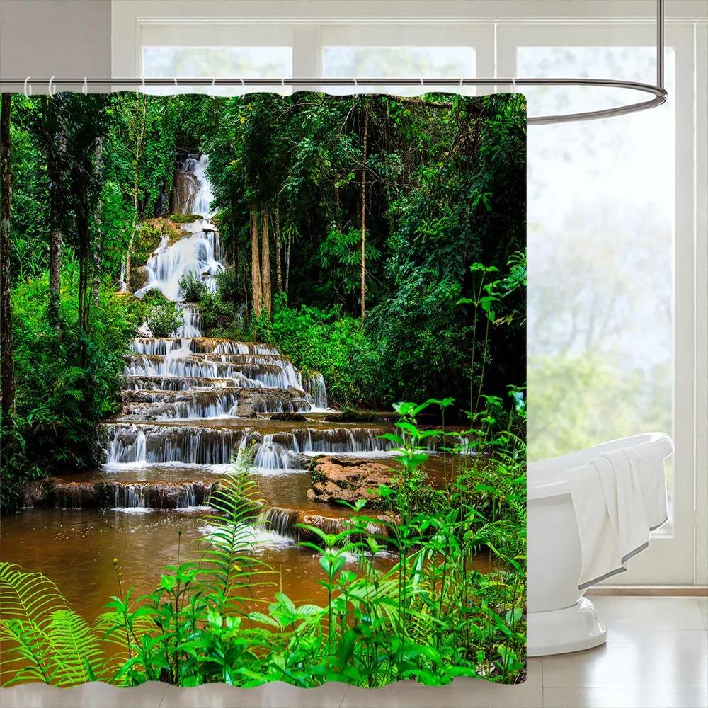Tropical Forest Shower Curtain Green Plants Nature Landscape Hanging Curtain Polyester Fabric Bathroom Decoration Set With Hooks