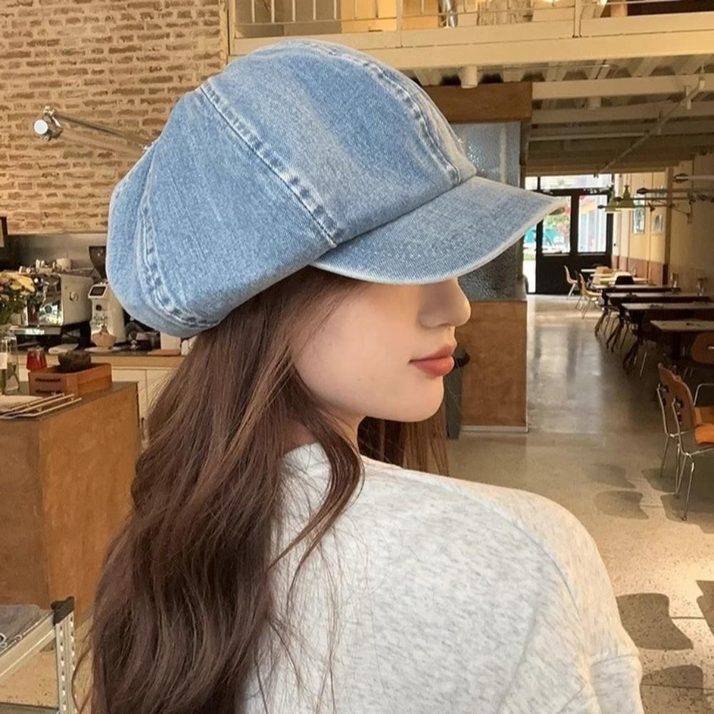 Washed Cloth Denim Octagonal Hat British Style Cloud Hat Fashion Newsboy Cap  Girl