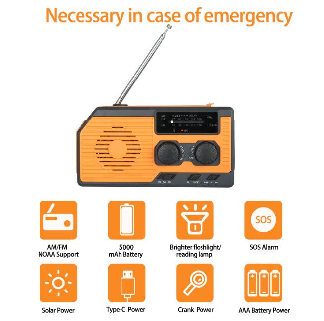 Solar Hand-Crank Emergency NOAA Radio with 5000mAh Power Bank and Battery Display