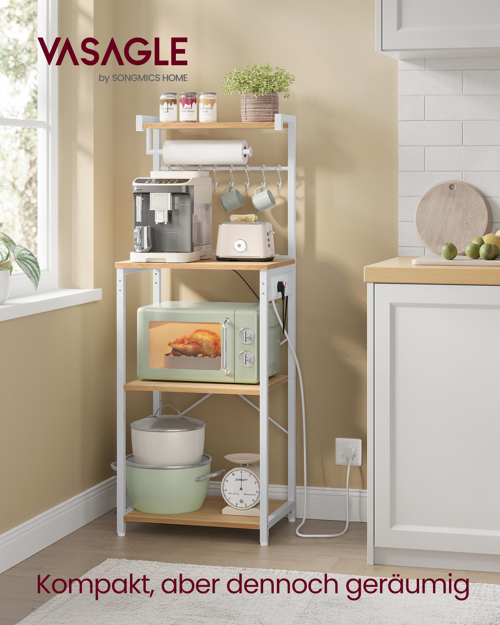 VASAGLE KKS013YA02 Scaffale da Cucina con Prese, Scaffale Autoportante, Coffee Bar a 4 Livelli con 8 Ganci a S, Scaffale per Microonde, Scaffale Regolabile dorato