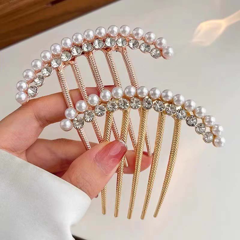 Korean White Pearl Crystal Hair Combs For Women Elegant Metal Pan Hair Insert Comb Ball Head Hairpin Hair Jewelry Accessories