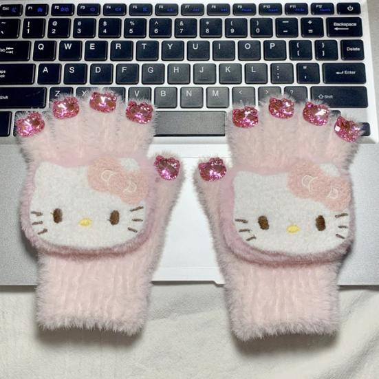 Dziewczęce kreskówkowe rękawiczki z kotkiem, urocze pluszowe rękawiczki z kotem, puszyste ciepłe rękawiczki z cyrkoniami w kształcie głowy kota dla kobiet na zimę, do codziennych sprawunków